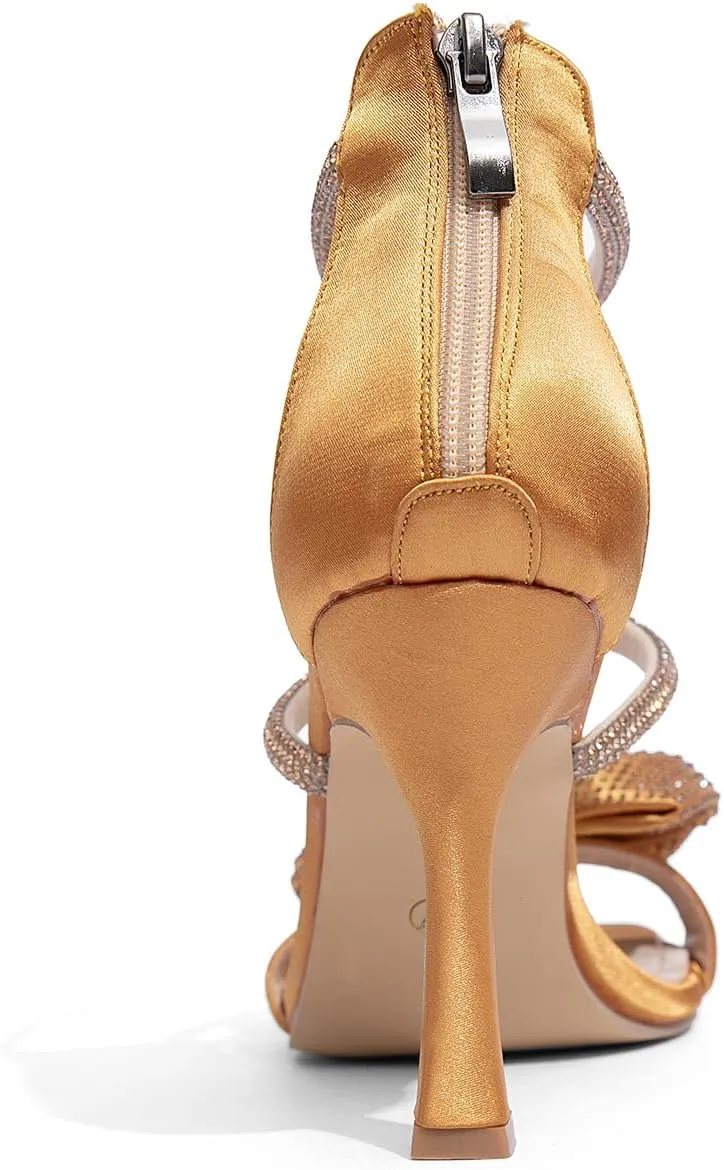 Jeesay Women's Bow Rhinestones High Heels Sandals Strappy Stiletto Square Toe Satin Shoes Wedding Bridal Party Causal Heeled Sandals
