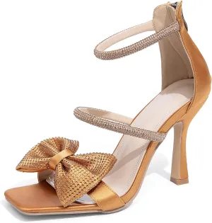 Jeesay Women's Bow Rhinestones High Heels Sandals Strappy Stiletto Square Toe Satin Shoes Wedding Bridal Party Causal Heeled Sandals