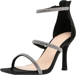 Jeesay Women's Rhinestones Strappy Stiletto High Heels Sandals Square Toe Back Zip Casual Dress Sandals Shoes