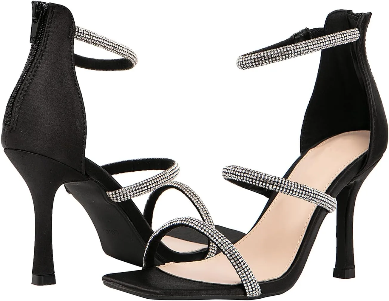 Jeesay Women's Rhinestones Strappy Stiletto High Heels Sandals Square Toe Back Zip Casual Dress Sandals Shoes