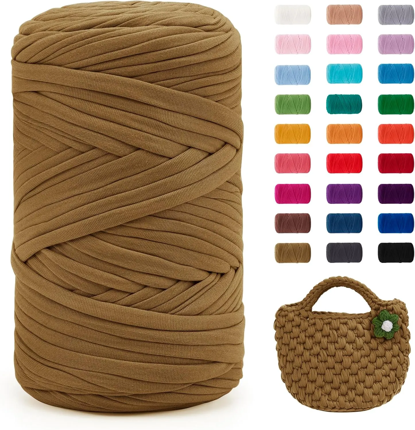 JeogYong T-Shirt Yarn, 400g/131 Yards Elastic Fabric Crochet Cloth T Shirt Yarn, Thick Hand Knitting Polyester Fabric Ribbon for Crocheting Bags/Baskets/Rugs, Home Decor, DIY Crafts (Brown Green)