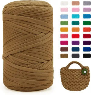 JeogYong T-Shirt Yarn, 400g/131 Yards Elastic Fabric Crochet Cloth T Shirt Yarn, Thick Hand Knitting Polyester Fabric Ribbon for Crocheting Bags/Baskets/Rugs, Home Decor, DIY Crafts (Brown Green)