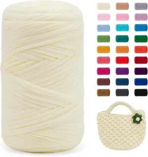 JeogYong T-Shirt Yarn, 400g/131 Yards Elastic Fabric Crochet Cloth T Shirt Yarn, Thick Hand Knitting Polyester Fabric Ribbon for Crocheting Bags/Baskets/Rugs, Home Decor, DIY Crafts (Cream)