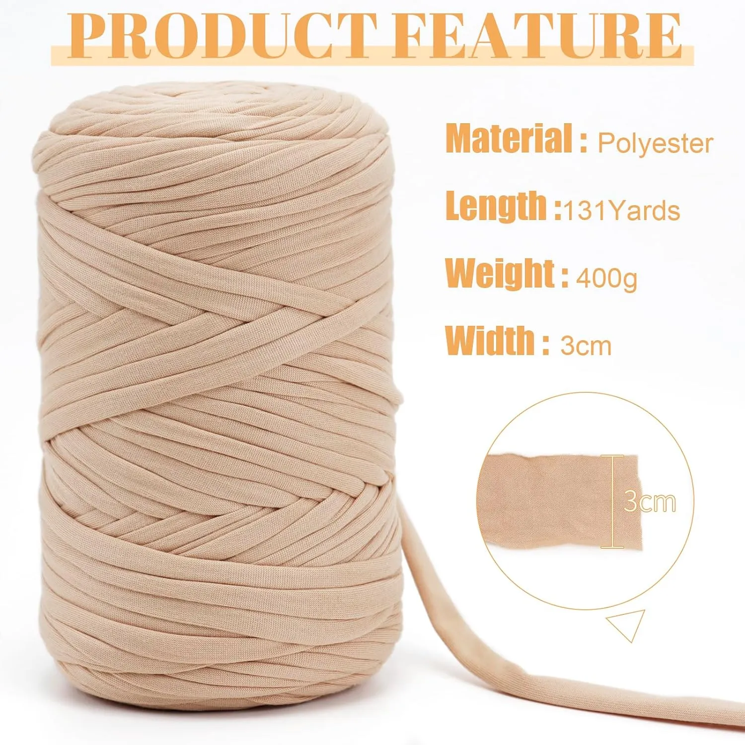 JeogYong T-Shirt Yarn, 400g/131 Yards Elastic Fabric Crochet Cloth T Shirt Yarn, Thick Hand Knitting Polyester Fabric Ribbon for Crocheting Bags/Baskets/Rugs, Home Decor, DIY Crafts (Cream)