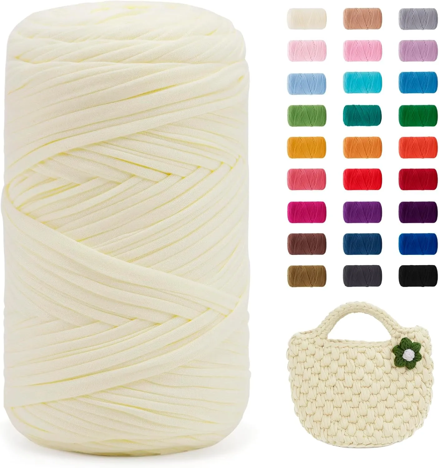 JeogYong T-Shirt Yarn, 400g/131 Yards Elastic Fabric Crochet Cloth T Shirt Yarn, Thick Hand Knitting Polyester Fabric Ribbon for Crocheting Bags/Baskets/Rugs, Home Decor, DIY Crafts (Cream)