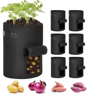 JERIA 6-Pack 10 Gallon Black Potato Grow Bags with Flap Window，Thickened Nonwoven Fabric Container for Potato, Tomato, Carrot, Vegetable and Fruits