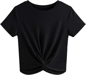 JINKESI Women's Summer Causal Short Sleeve Blouse Round Neck Crop Tops Twist Front Tee T-Shirt