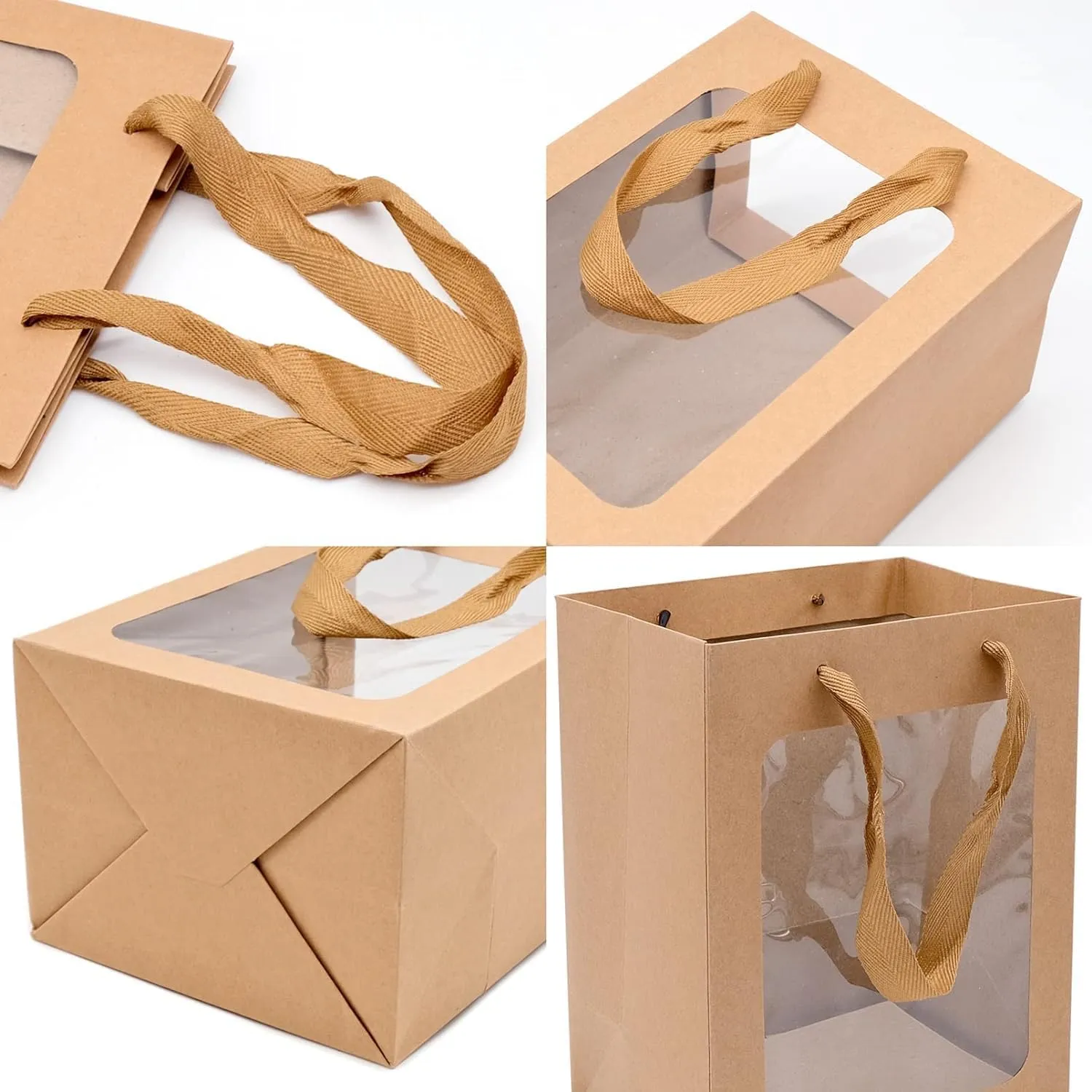 JLNGTHONG 10 Pieces Brown Paper Bags with Clear Window, Gift Bags Bulk with Handle Kraft Shopping Bags for Mother's Day Graduation Birthday Bridal Shower Flower Bouquet Presents Wrapping