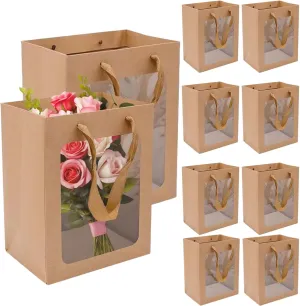 JLNGTHONG 10 Pieces Brown Paper Bags with Clear Window, Gift Bags Bulk with Handle Kraft Shopping Bags for Mother's Day Graduation Birthday Bridal Shower Flower Bouquet Presents Wrapping