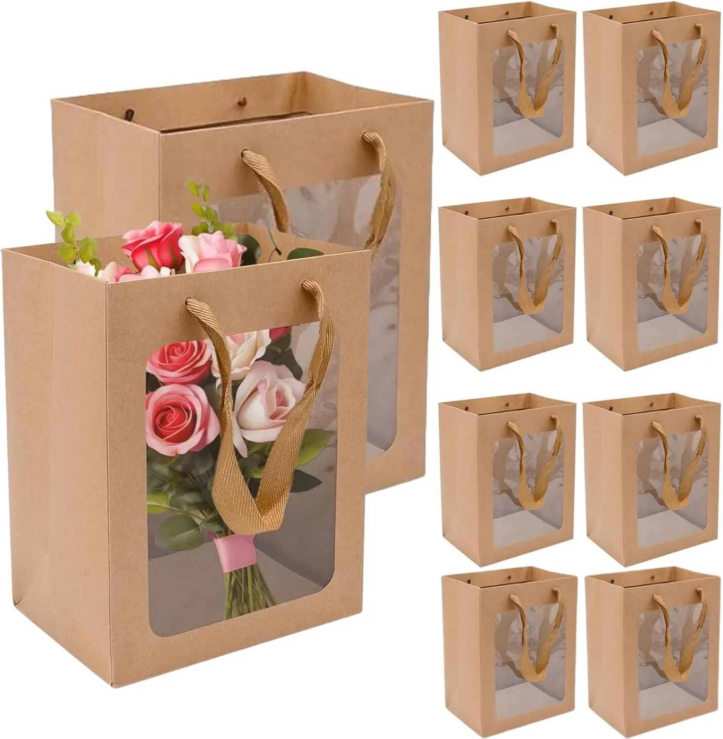 JLNGTHONG 10 Pieces Brown Paper Bags with Clear Window, Gift Bags Bulk with Handle Kraft Shopping Bags for Mother's Day Graduation Birthday Bridal Shower Flower Bouquet Presents Wrapping