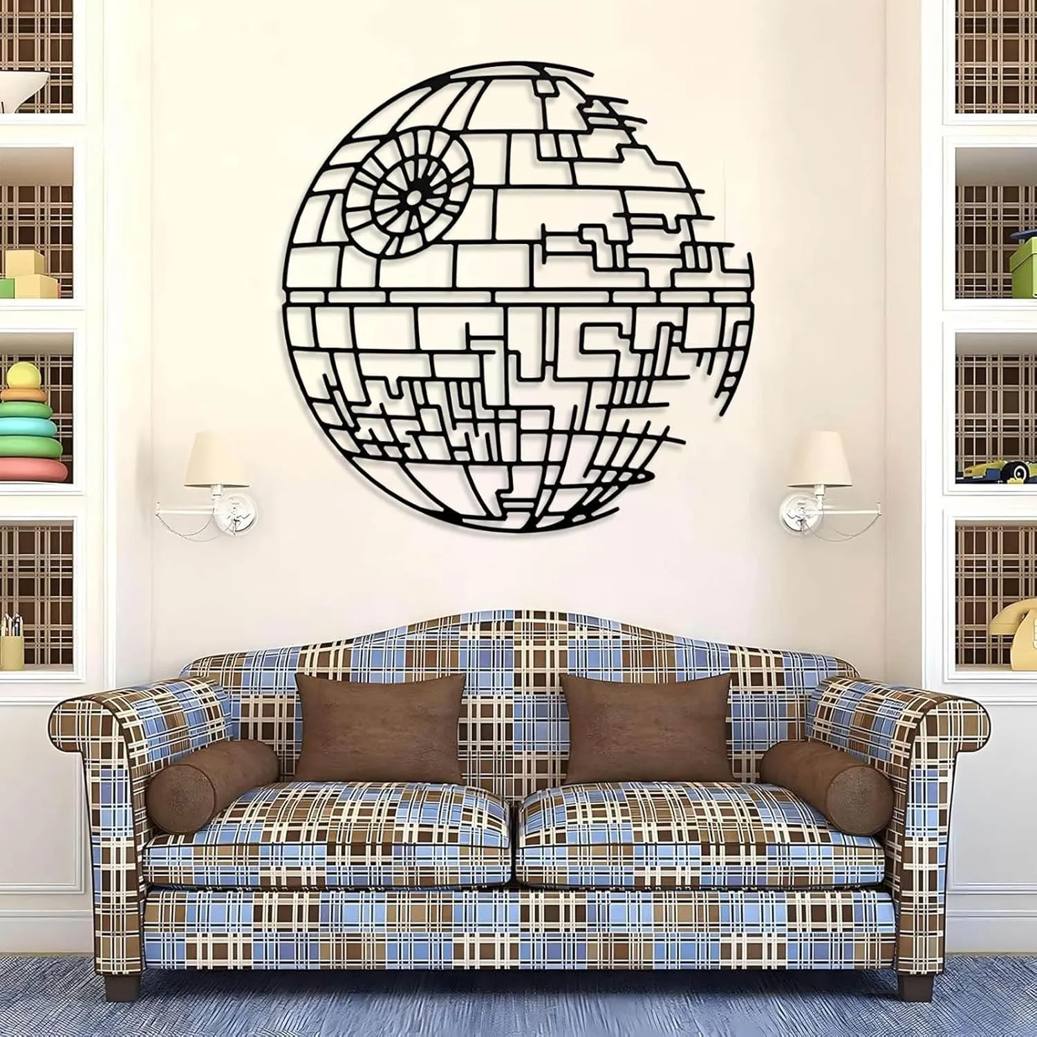 Jogwenu Death Star Metal Decor, Star Wars Metal Wall Decor, Starwars Bathroom Art, Round Wall Decorations, Minimalist Line Wall Art, Modern Living Room Wall Hanging (Silver, 28"x28"|70x70cm)
