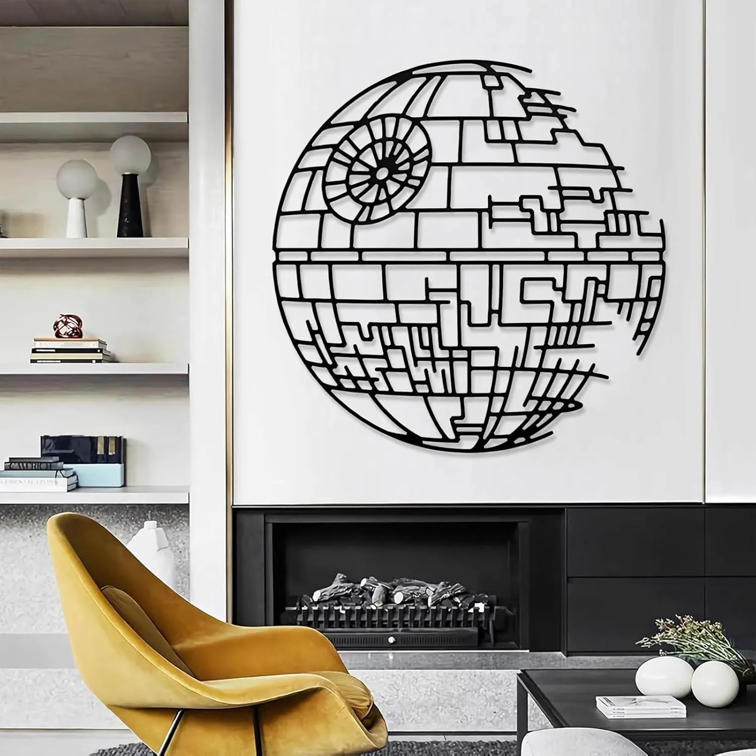 Jogwenu Death Star Metal Decor, Star Wars Metal Wall Decor, Starwars Bathroom Art, Round Wall Decorations, Minimalist Line Wall Art, Modern Living Room Wall Hanging (Silver, 28"x28"|70x70cm)