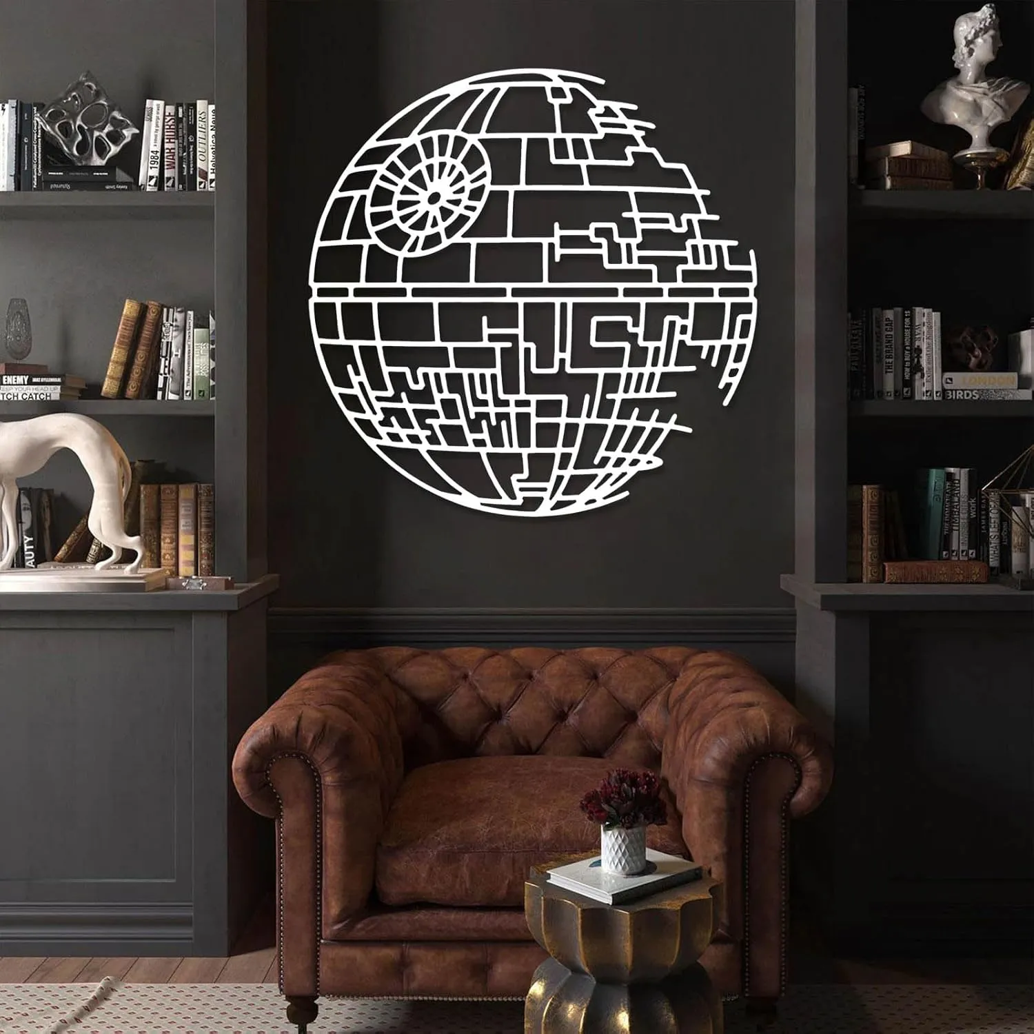Jogwenu Death Star Metal Decor, Star Wars Metal Wall Decor, Starwars Bathroom Art, Round Wall Decorations, Minimalist Line Wall Art, Modern Living Room Wall Hanging (Silver, 28"x28"|70x70cm)