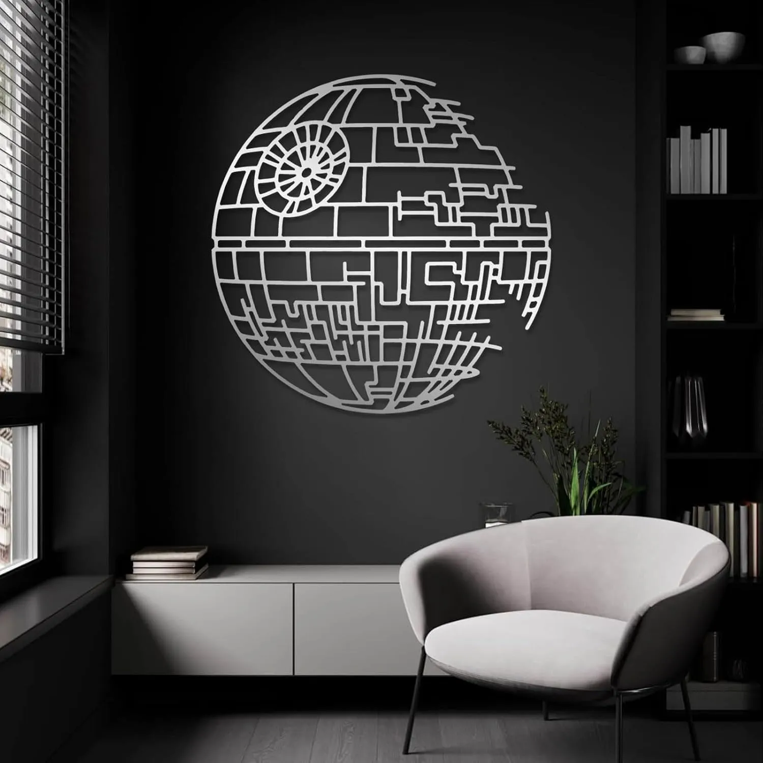 Jogwenu Death Star Metal Decor, Star Wars Metal Wall Decor, Starwars Bathroom Art, Round Wall Decorations, Minimalist Line Wall Art, Modern Living Room Wall Hanging (Silver, 28"x28"|70x70cm)