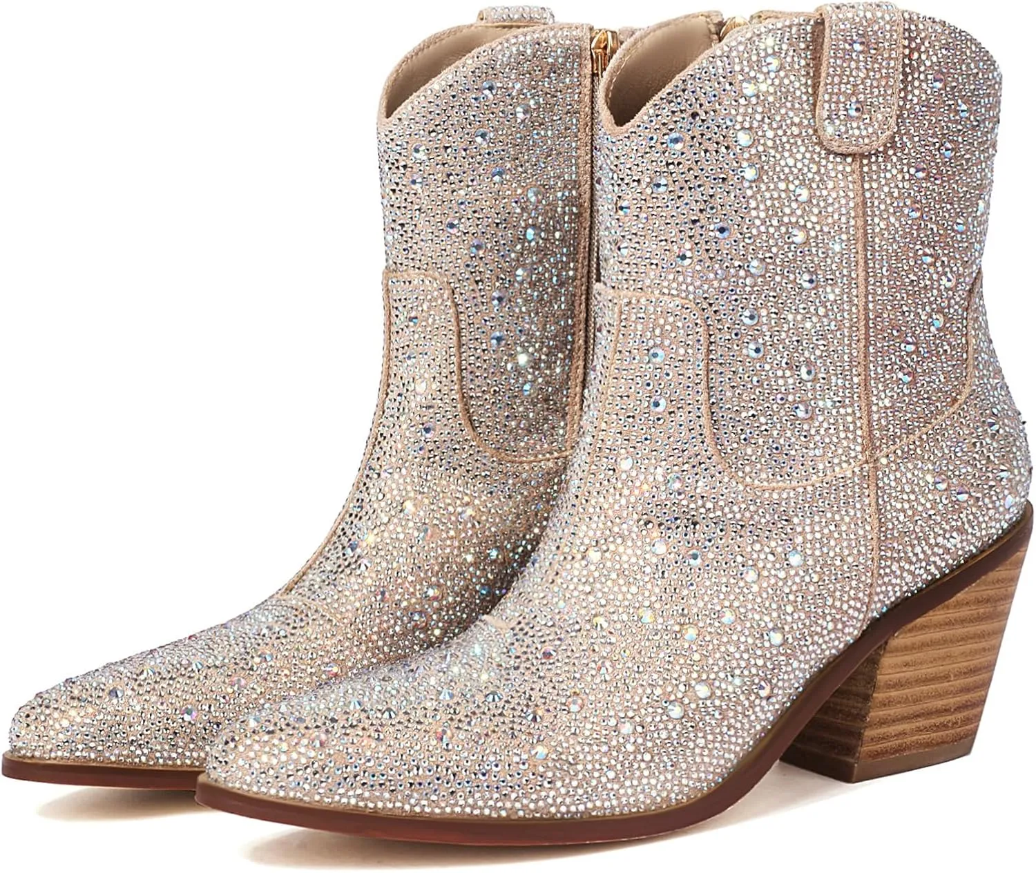 Joi4mis Women's Rhinestone Platform Boots Ankle Boots Pointed Toe Chunky High Heel Booties Sparkly Wedding Boots with Side Zipper