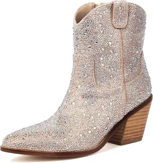 Joi4mis Women's Rhinestone Platform Boots Ankle Boots Pointed Toe Chunky High Heel Booties Sparkly Wedding Boots with Side Zipper