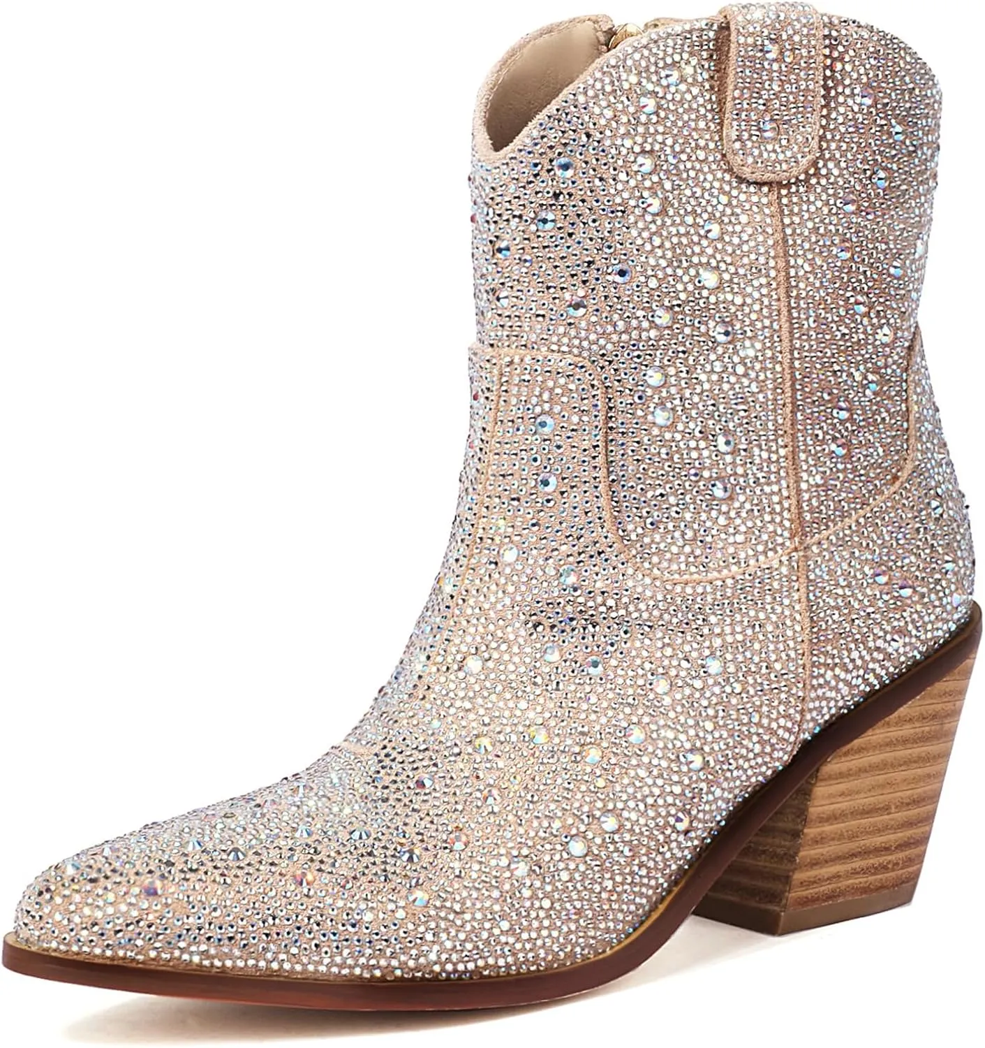 Joi4mis Women's Rhinestone Platform Boots Ankle Boots Pointed Toe Chunky High Heel Booties Sparkly Wedding Boots with Side Zipper