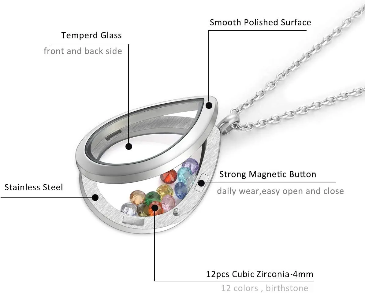 Jovivi Teardrop/Heart Floating Charm Memory Locket Necklace - 316 Surgical Stainless Steel Buckle Closure