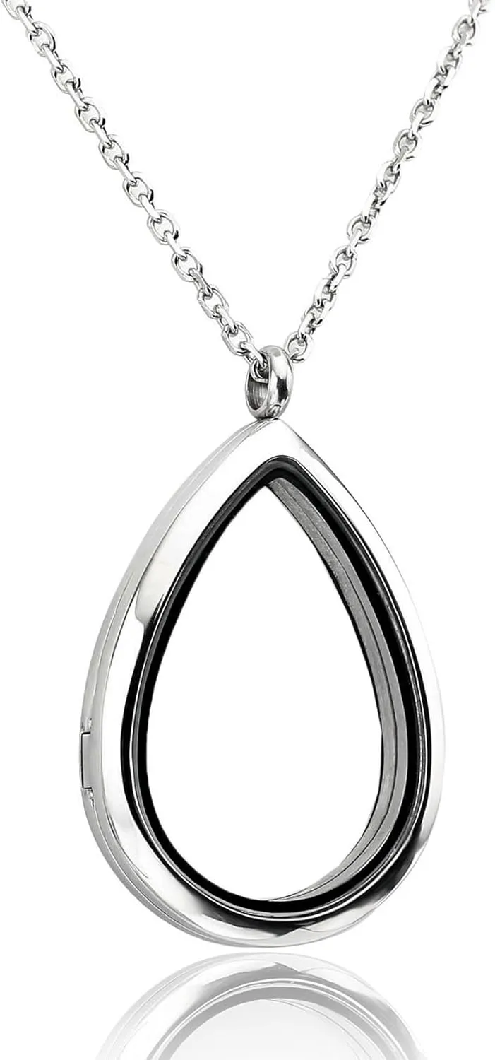 Jovivi Teardrop/Heart Floating Charm Memory Locket Necklace - 316 Surgical Stainless Steel Buckle Closure