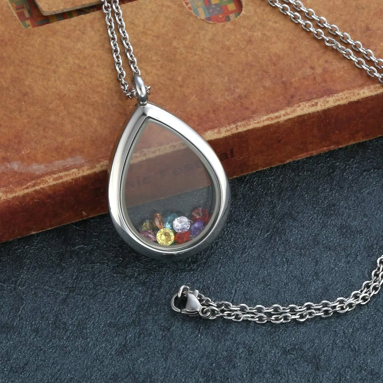 Jovivi Teardrop/Heart Floating Charm Memory Locket Necklace - 316 Surgical Stainless Steel Buckle Closure