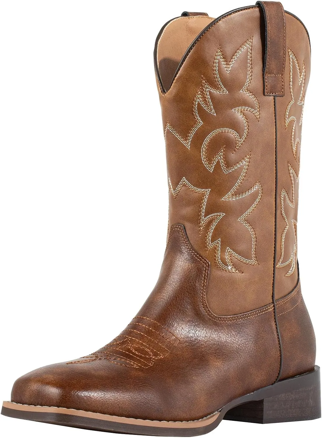 J's.o.l.e Western Mens Cowboy Boots Square Toe Wide Calf Pull On Slip Resistant Country Work Riding Leather Boot Brown