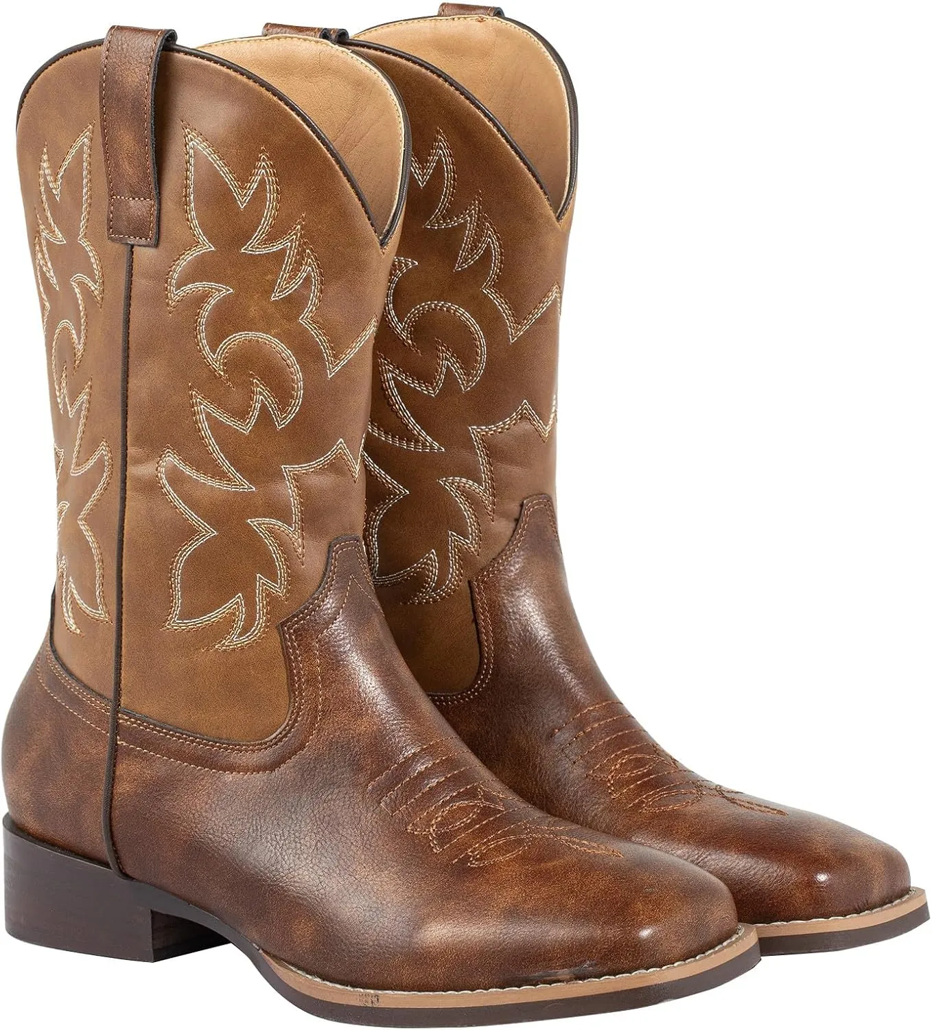 J's.o.l.e Western Mens Cowboy Boots Square Toe Wide Calf Pull On Slip Resistant Country Work Riding Leather Boot Brown