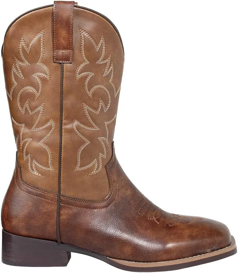 J's.o.l.e Western Mens Cowboy Boots Square Toe Wide Calf Pull On Slip Resistant Country Work Riding Leather Boot Brown