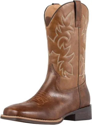 J's.o.l.e Western Mens Cowboy Boots Square Toe Wide Calf Pull On Slip Resistant Country Work Riding Leather Boot Brown