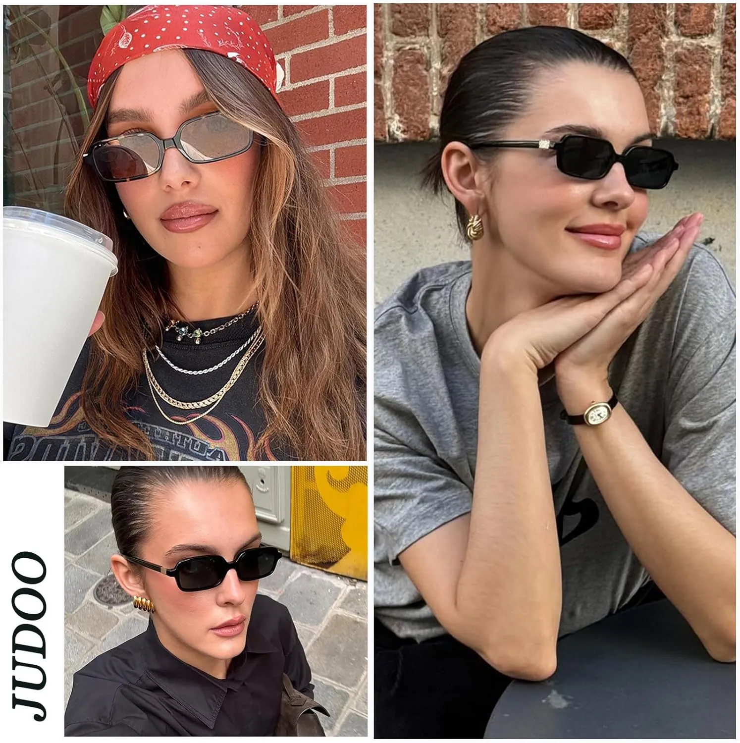 JUDOO Retro Rectangle Sunglasses for Women Men Narrow Vintage 90s Square Sunnies Rectangular Sunglasses Slim Cute Glasses