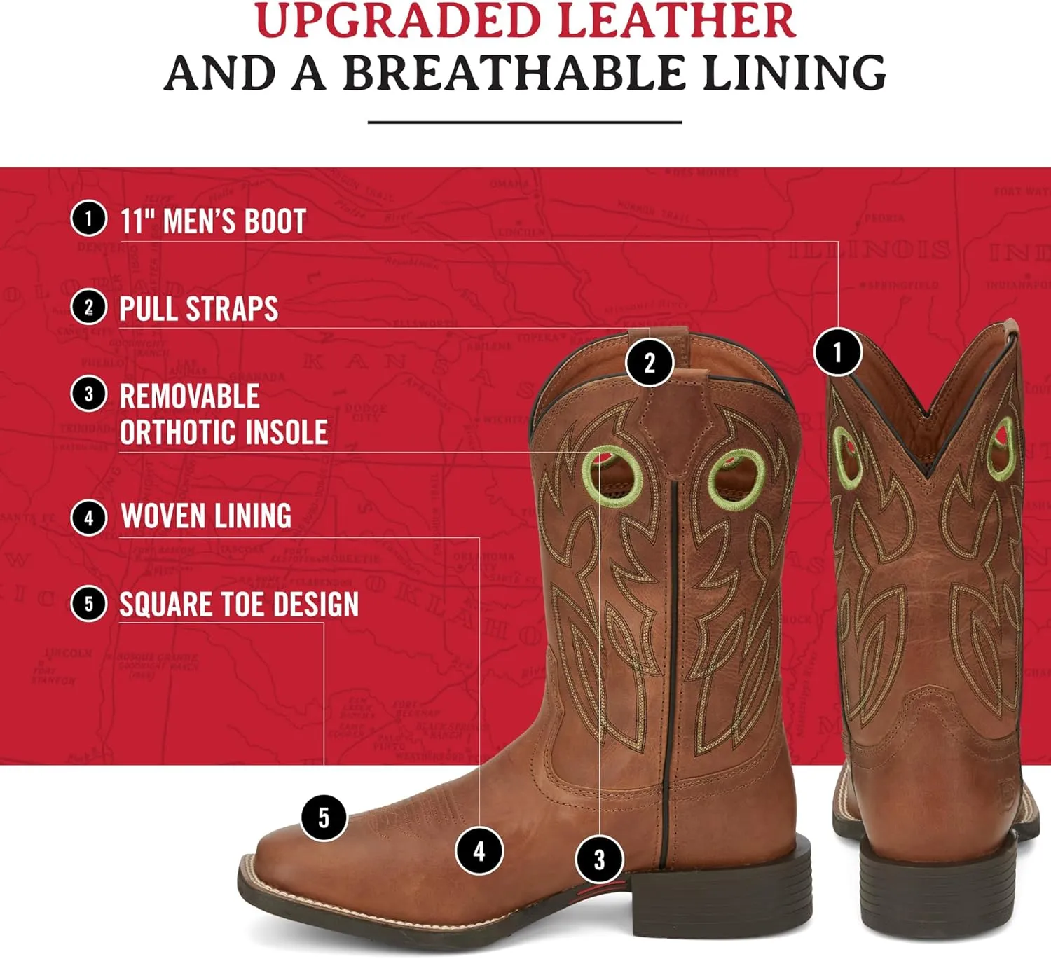 Justin Bowline 11" Cowboy Boots for Men - Square Toe Full-Grain Leather Western Boots for Men with Oil- and Slip-Resistant Rubber Outsole