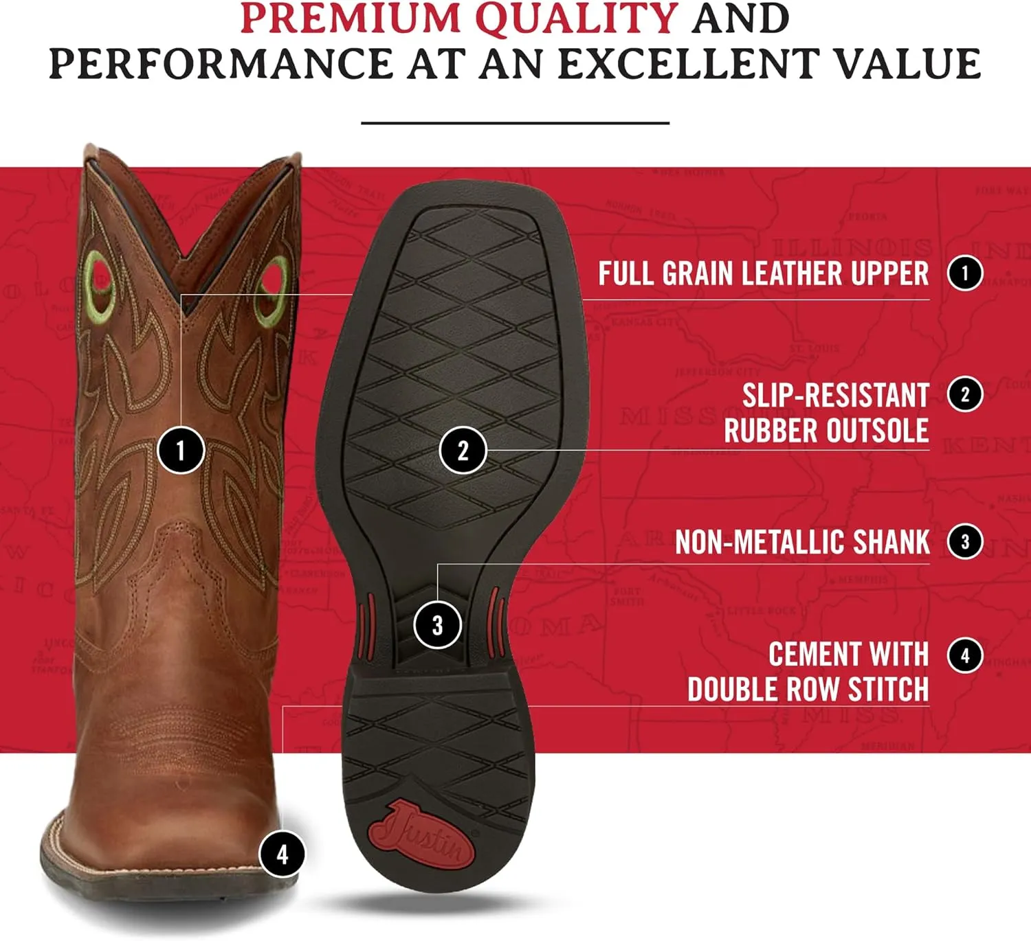 Justin Bowline 11" Cowboy Boots for Men - Square Toe Full-Grain Leather Western Boots for Men with Oil- and Slip-Resistant Rubber Outsole