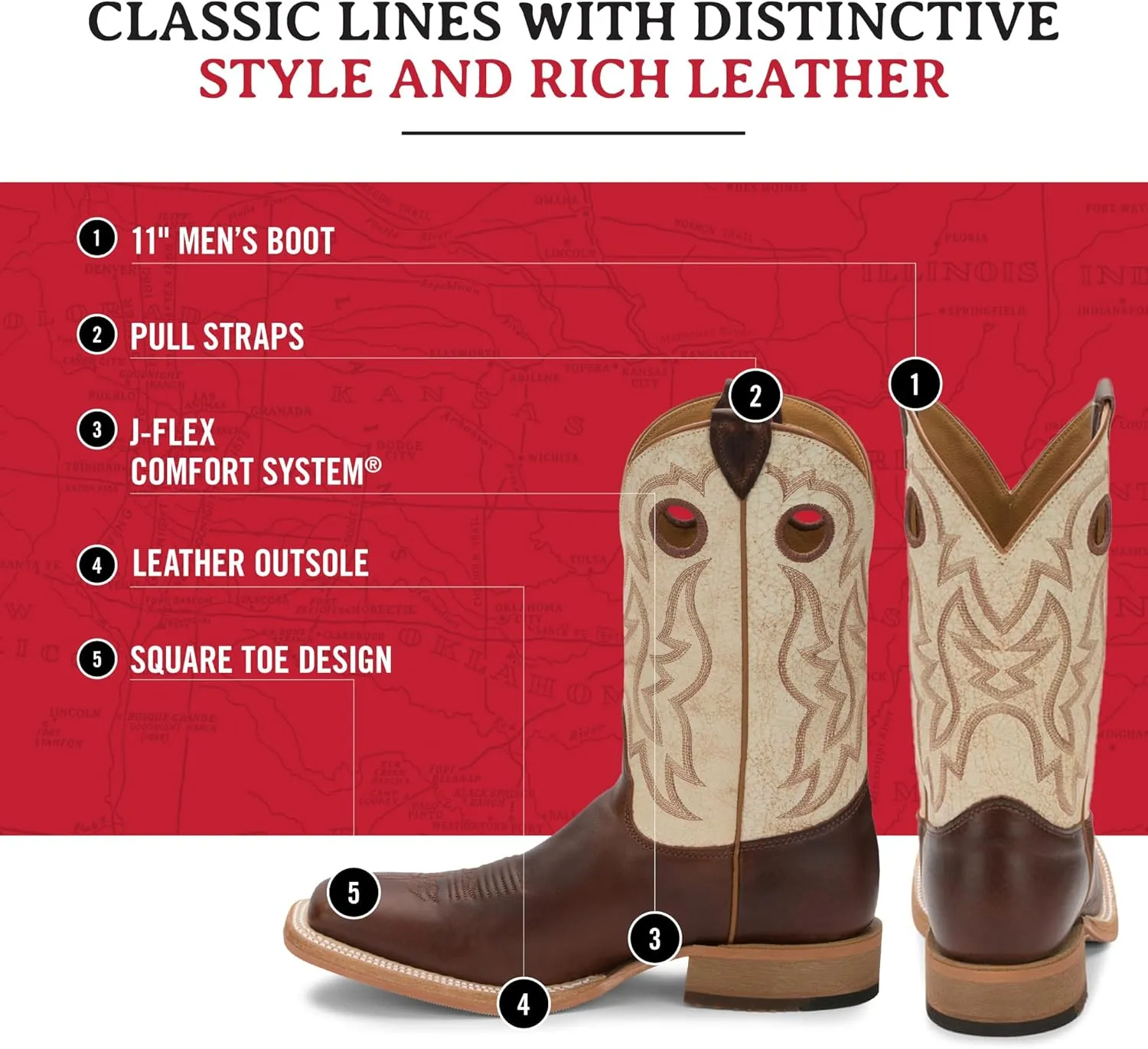 Justin Caddo 11" Western Boots for Men - Durable Premium Full-Grain Leather Square Toe Cowboy Boots Built with Full Double-Stitch Welt Construction