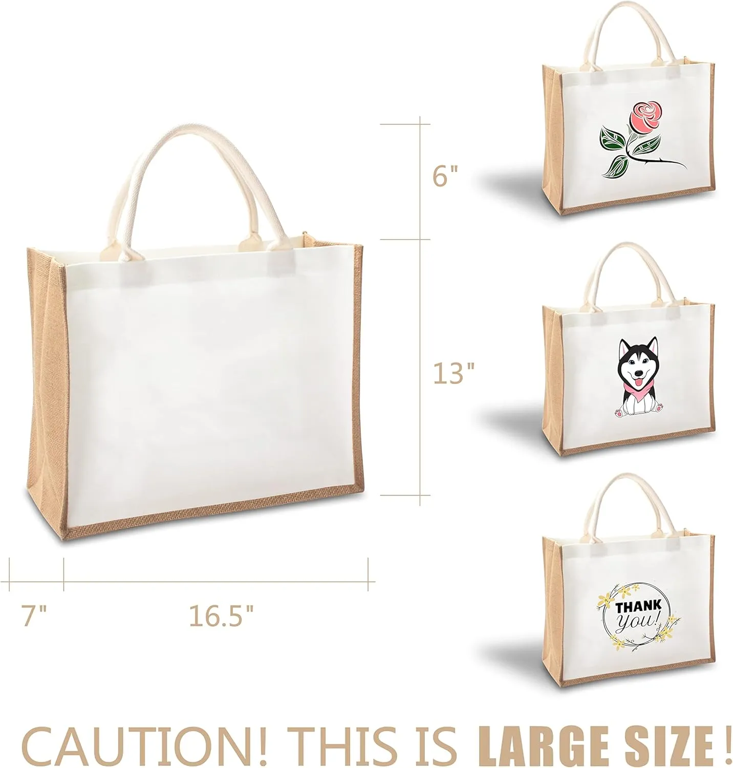 Jute Travel Tote Bags, 16.5" x 7" x 13" Pack of 1 Large Burlap Tote Bags for Travel, DIY, Shopping, Wedding