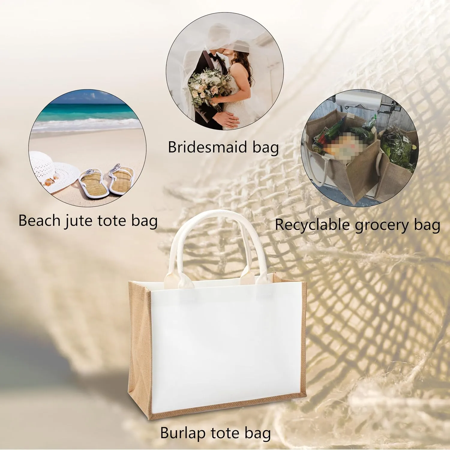 Jute Travel Tote Bags, 16.5" x 7" x 13" Pack of 1 Large Burlap Tote Bags for Travel, DIY, Shopping, Wedding