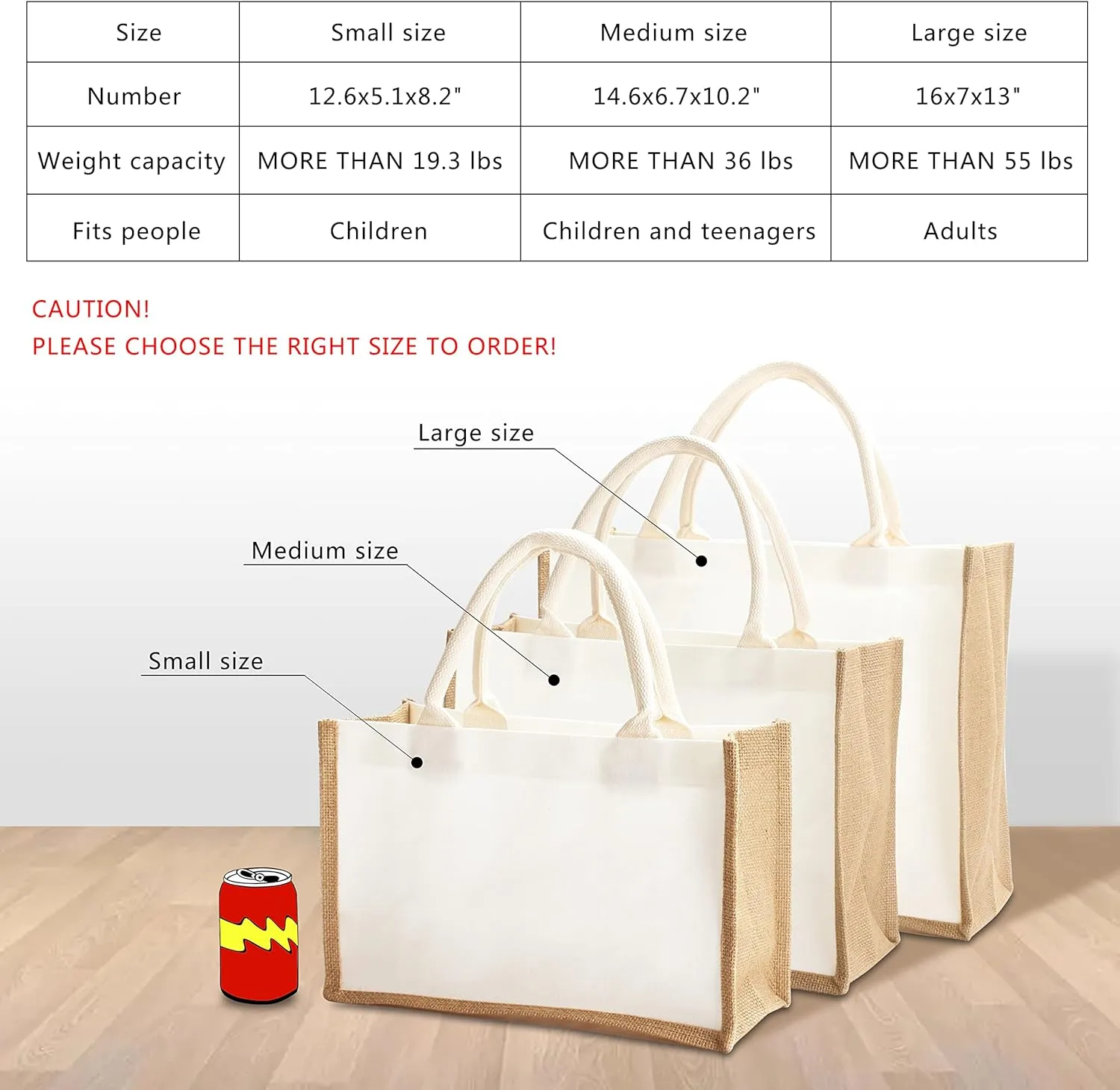 Jute Travel Tote Bags, 16.5" x 7" x 13" Pack of 1 Large Burlap Tote Bags for Travel, DIY, Shopping, Wedding