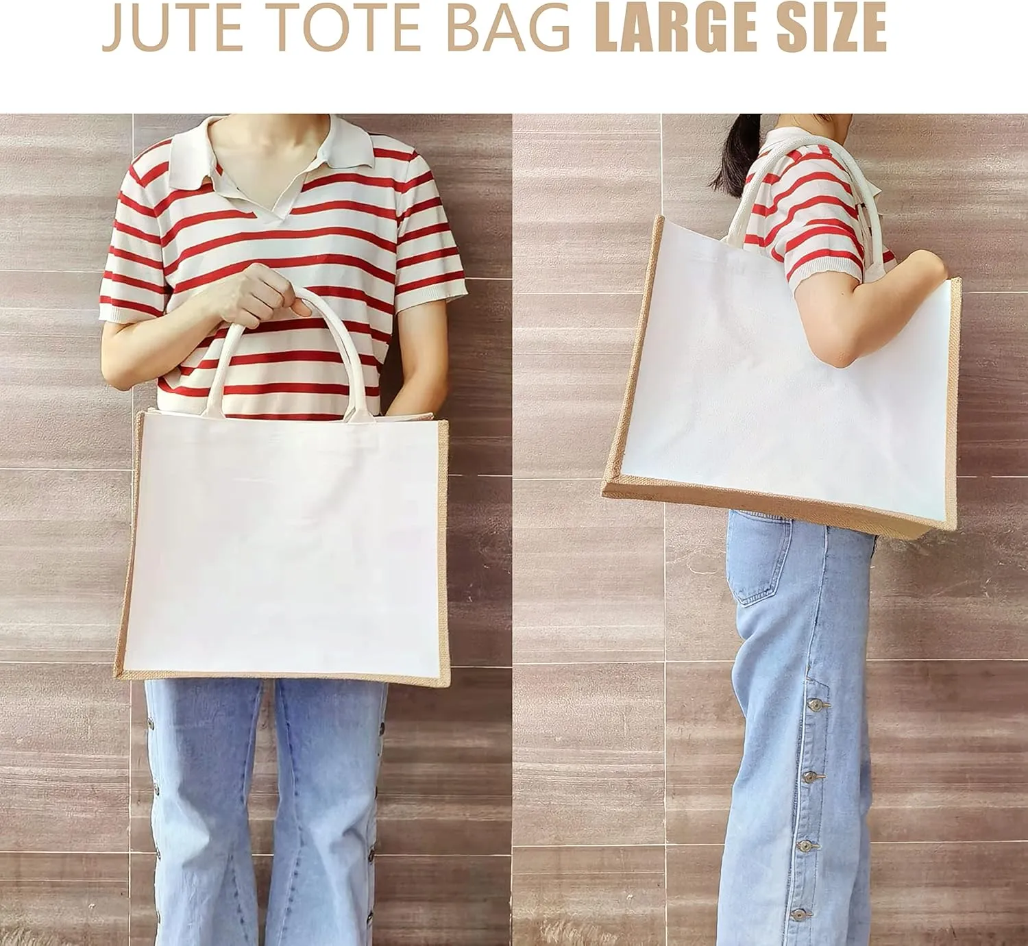 Jute Travel Tote Bags, 16.5" x 7" x 13" Pack of 1 Large Burlap Tote Bags for Travel, DIY, Shopping, Wedding