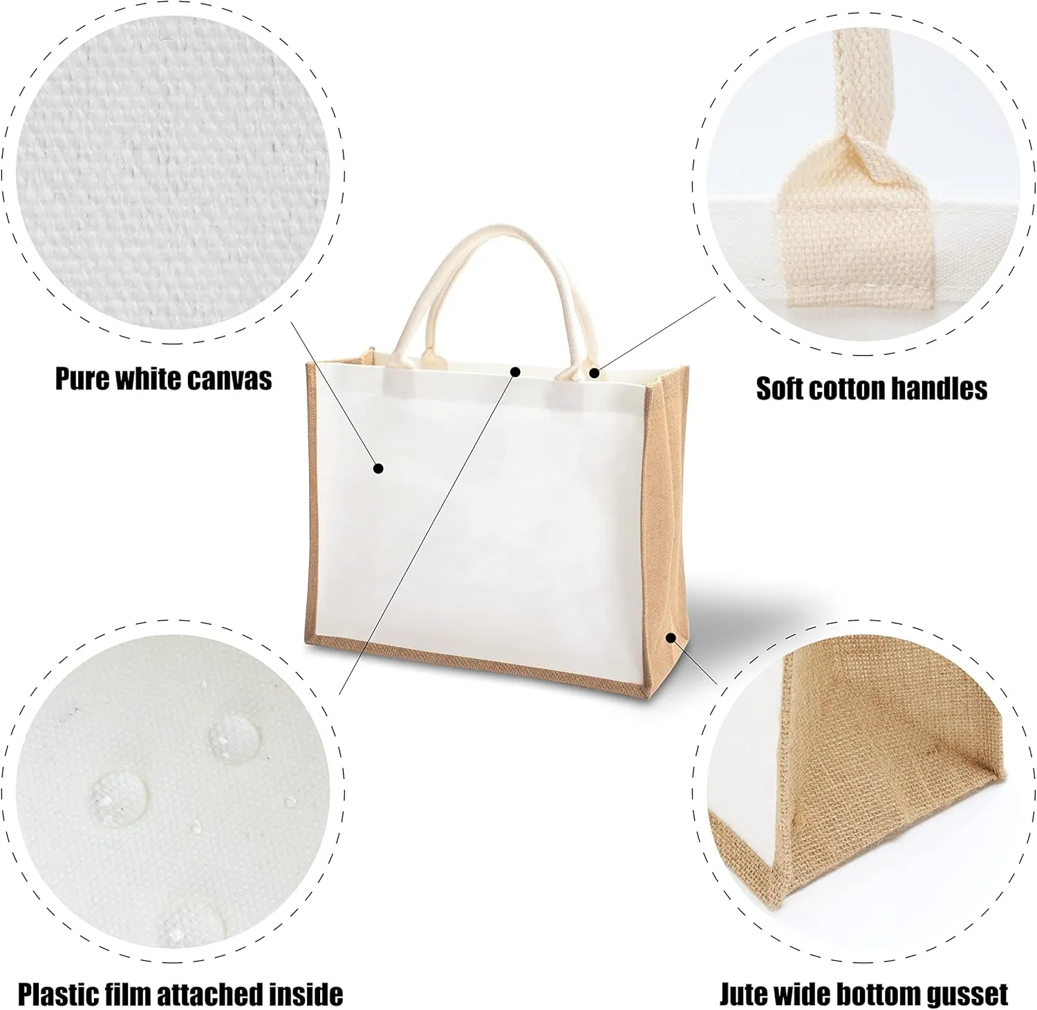 Jute Travel Tote Bags, 16.5" x 7" x 13" Pack of 1 Large Burlap Tote Bags for Travel, DIY, Shopping, Wedding