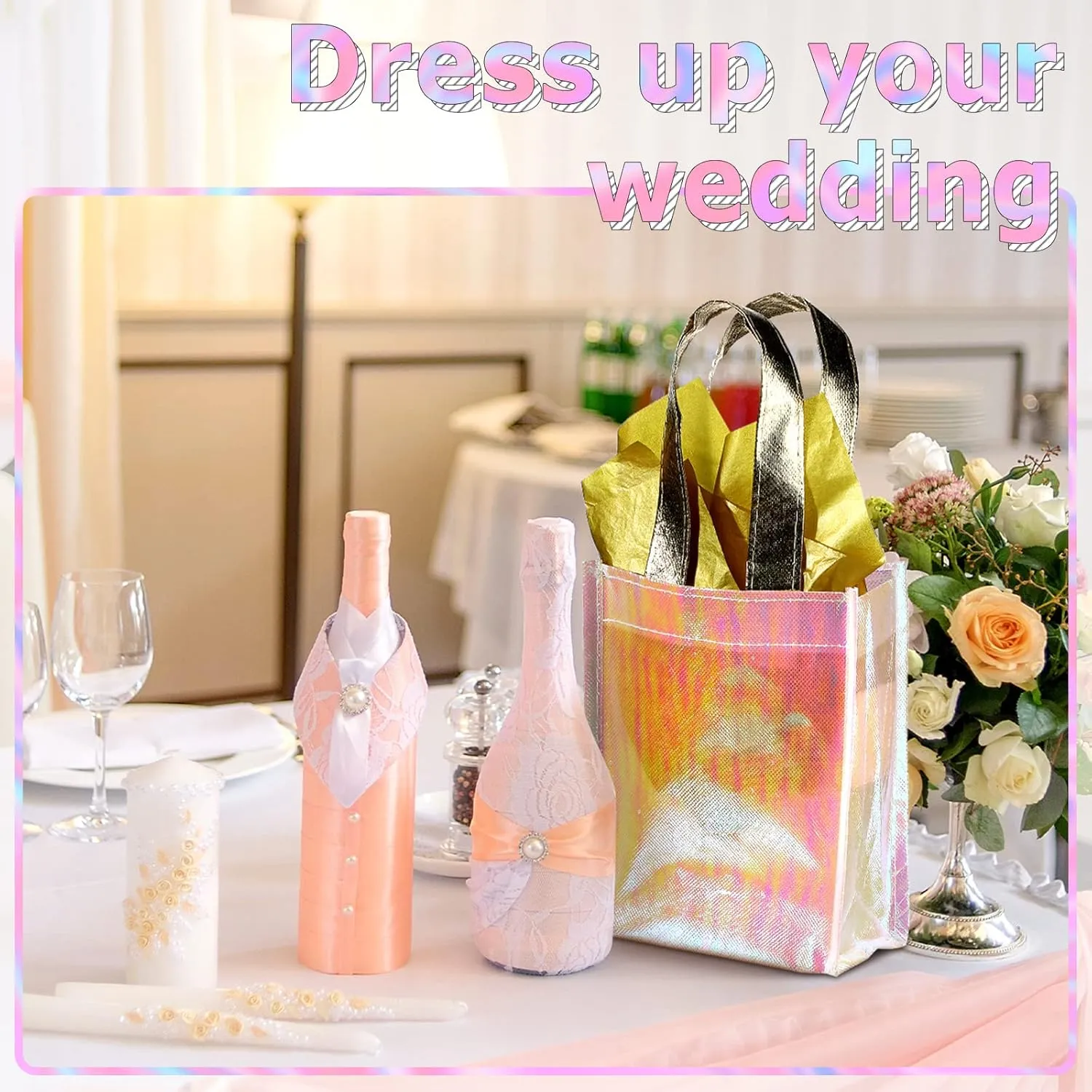 Jutom 20 Pieces Iridescent Gift Bags Bulk Reusable Party Favor Tote Bags with Handles Glossy Finish Birthday Gift for Christmas Party Wedding(6 x 3 x 8 Inch,Pink)