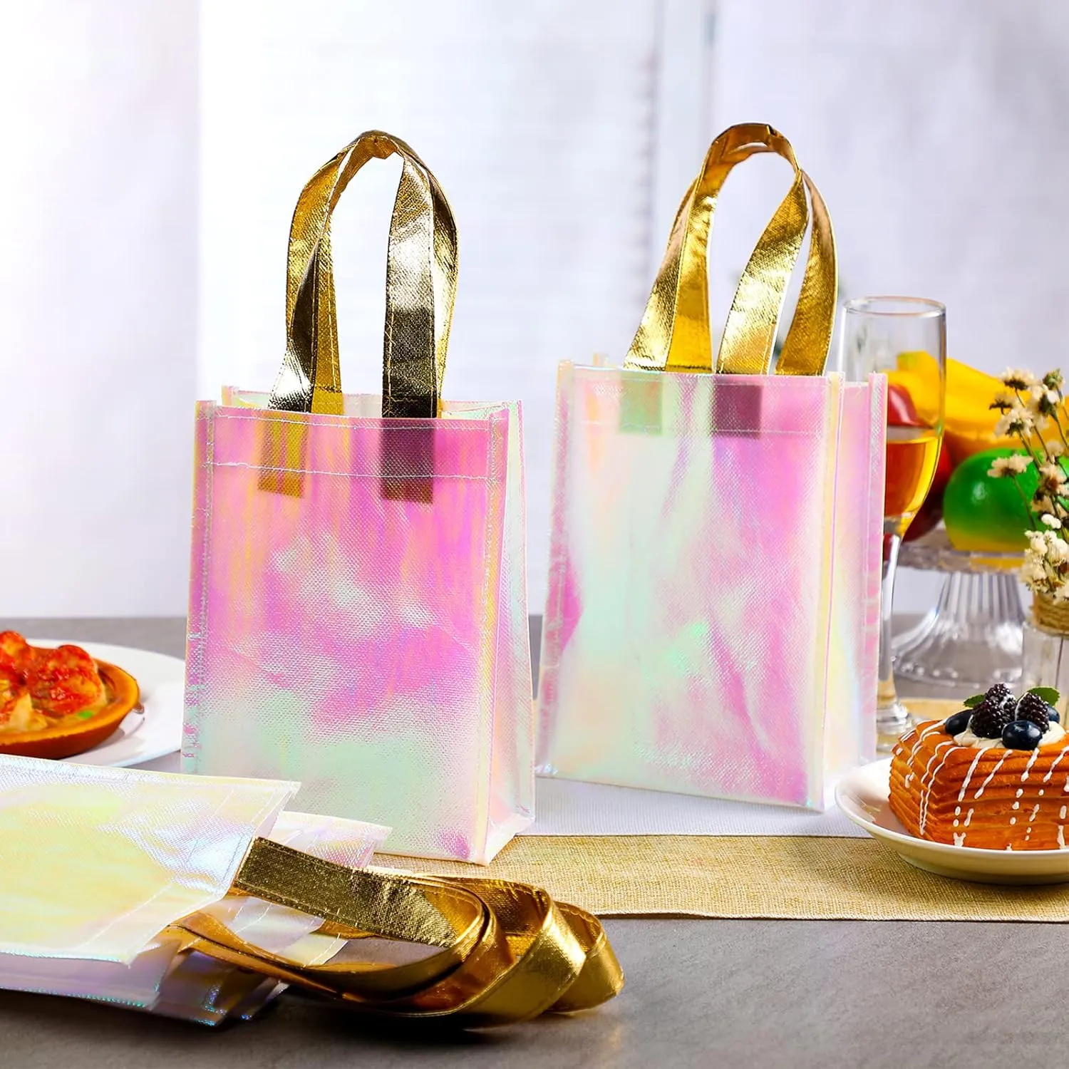 Jutom 20 Pieces Iridescent Gift Bags Bulk Reusable Party Favor Tote Bags with Handles Glossy Finish Birthday Gift for Christmas Party Wedding(6 x 3 x 8 Inch,Pink)