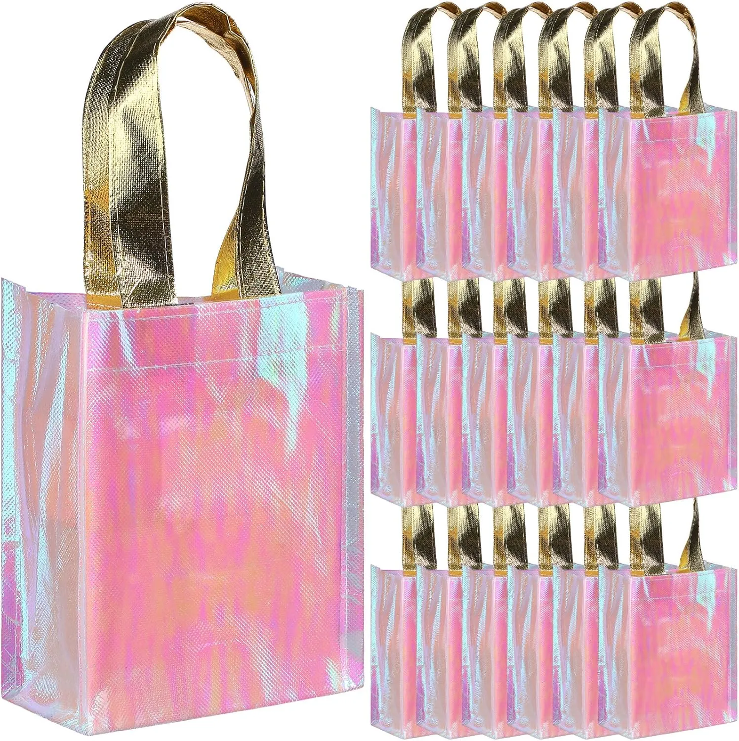 Jutom 20 Pieces Iridescent Gift Bags Bulk Reusable Party Favor Tote Bags with Handles Glossy Finish Birthday Gift for Christmas Party Wedding(6 x 3 x 8 Inch,Pink)