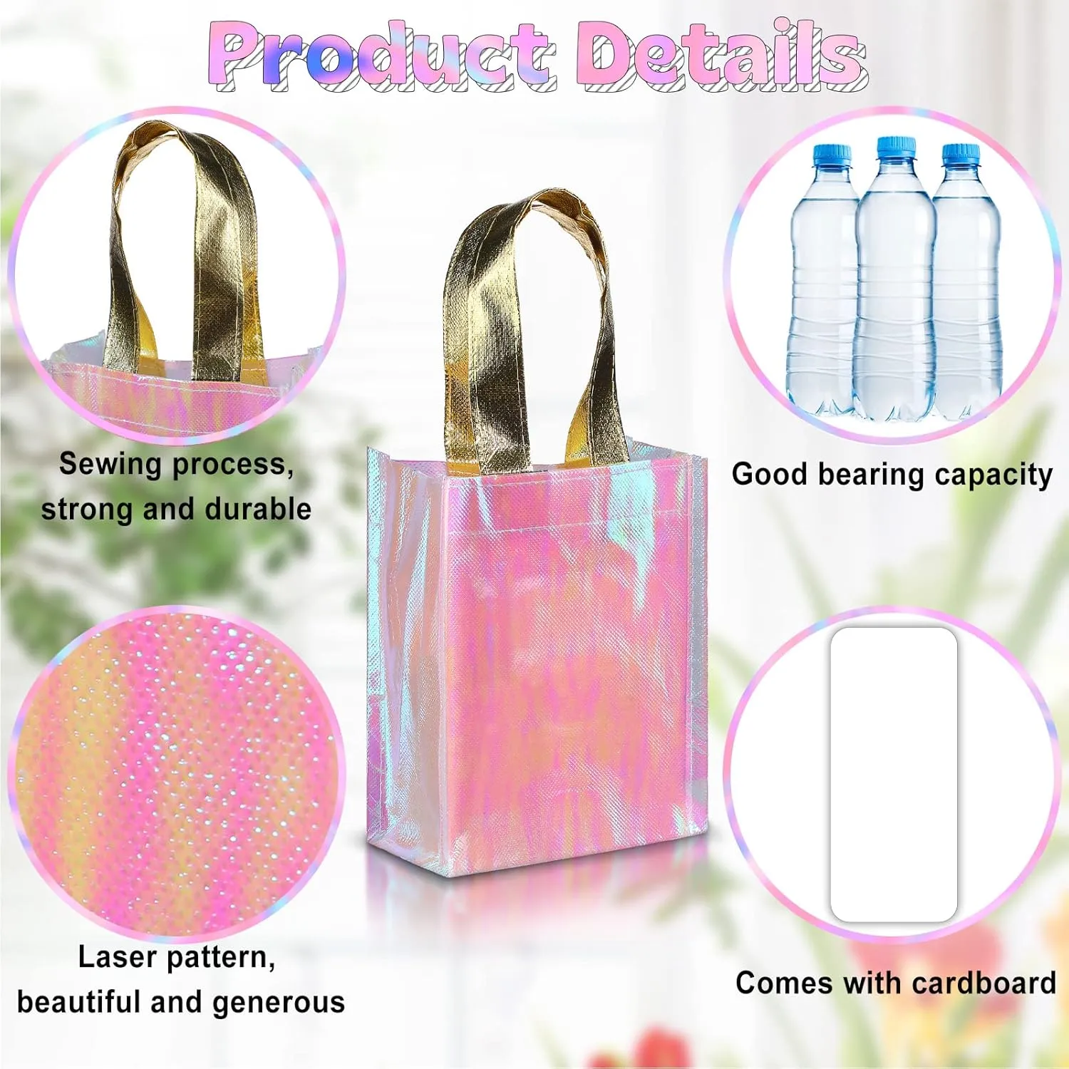 Jutom 20 Pieces Iridescent Gift Bags Bulk Reusable Party Favor Tote Bags with Handles Glossy Finish Birthday Gift for Christmas Party Wedding(6 x 3 x 8 Inch,Pink)
