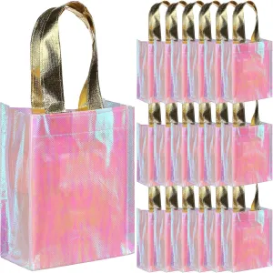 Jutom 20 Pieces Iridescent Gift Bags Bulk Reusable Party Favor Tote Bags with Handles Glossy Finish Birthday Gift for Christmas Party Wedding(6 x 3 x 8 Inch,Pink)