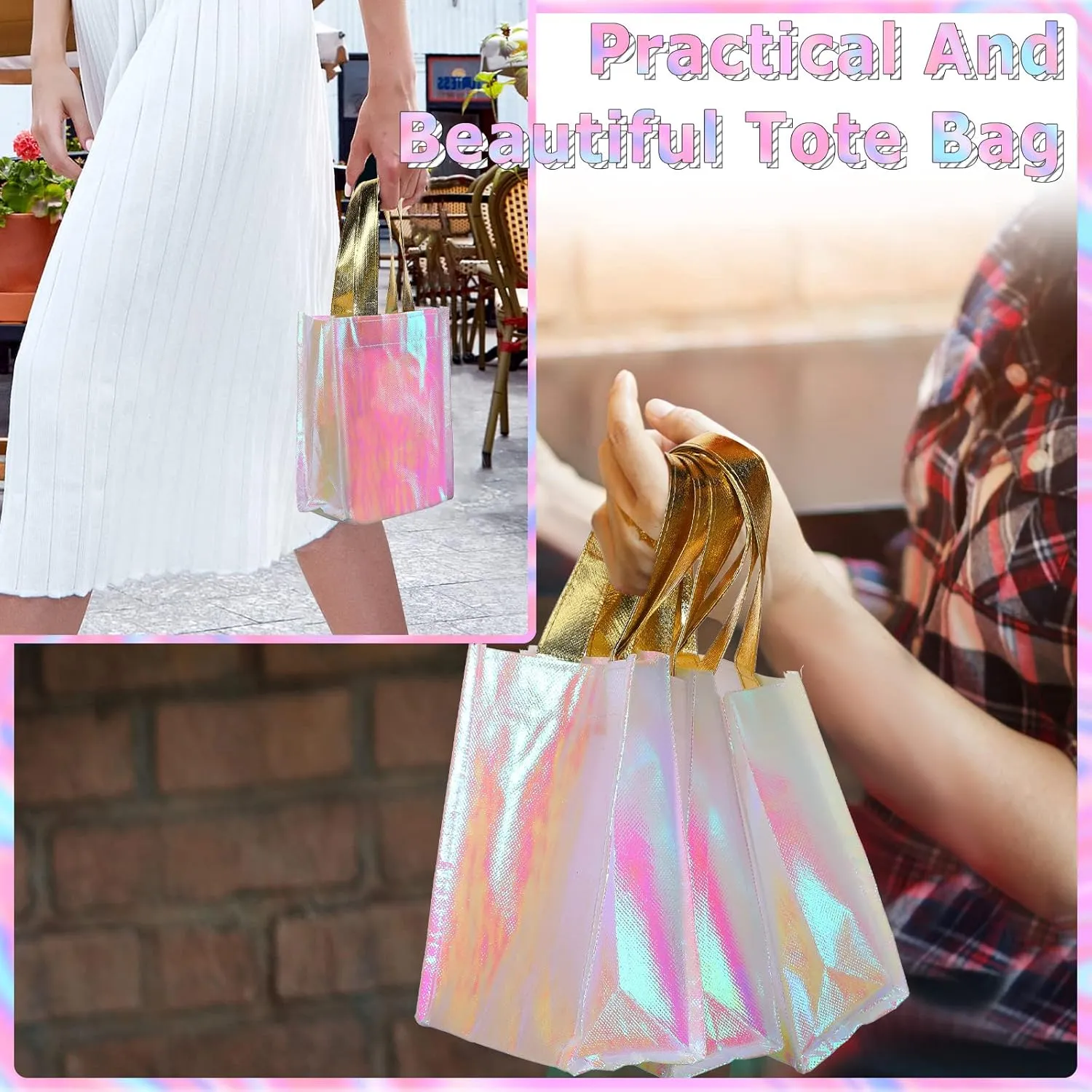 Jutom 20 Pieces Iridescent Gift Bags Bulk Reusable Party Favor Tote Bags with Handles Glossy Finish Birthday Gift for Christmas Party Wedding(6 x 3 x 8 Inch,Pink)