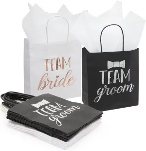 Juvale 20 Pack Bride and Groom Gift Bags with Tissue Paper for Wedding, Groomsmen, Bridesmaid, Reads Team Bride and Team Groom (8 x 4 x 9 In)