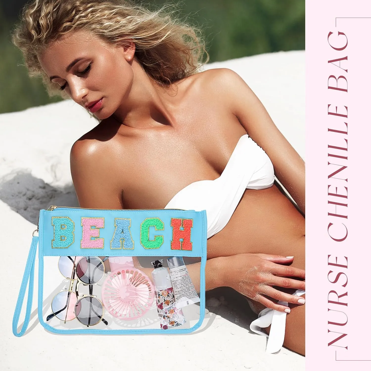 Kacctyen 6 Pcs Beach Bags Chenille Letter Clear Makeup Bag with Zipper Waterproof Cosmetic Toiletry Pouch with Handle Gym Travel Summer Gifts for Women Girls (Multicolor, Beach)