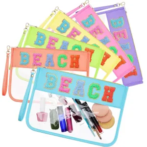 Kacctyen 6 Pcs Beach Bags Chenille Letter Clear Makeup Bag with Zipper Waterproof Cosmetic Toiletry Pouch with Handle Gym Travel Summer Gifts for Women Girls (Multicolor, Beach)