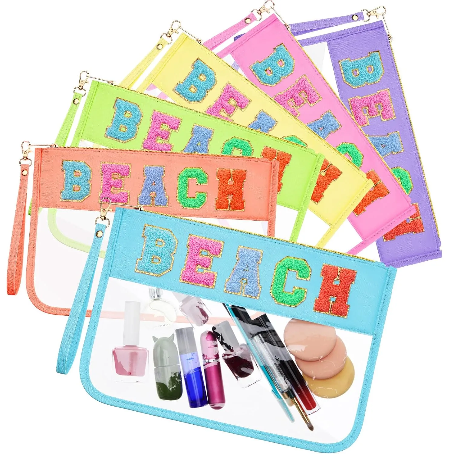 Kacctyen 6 Pcs Beach Bags Chenille Letter Clear Makeup Bag with Zipper Waterproof Cosmetic Toiletry Pouch with Handle Gym Travel Summer Gifts for Women Girls (Multicolor, Beach)