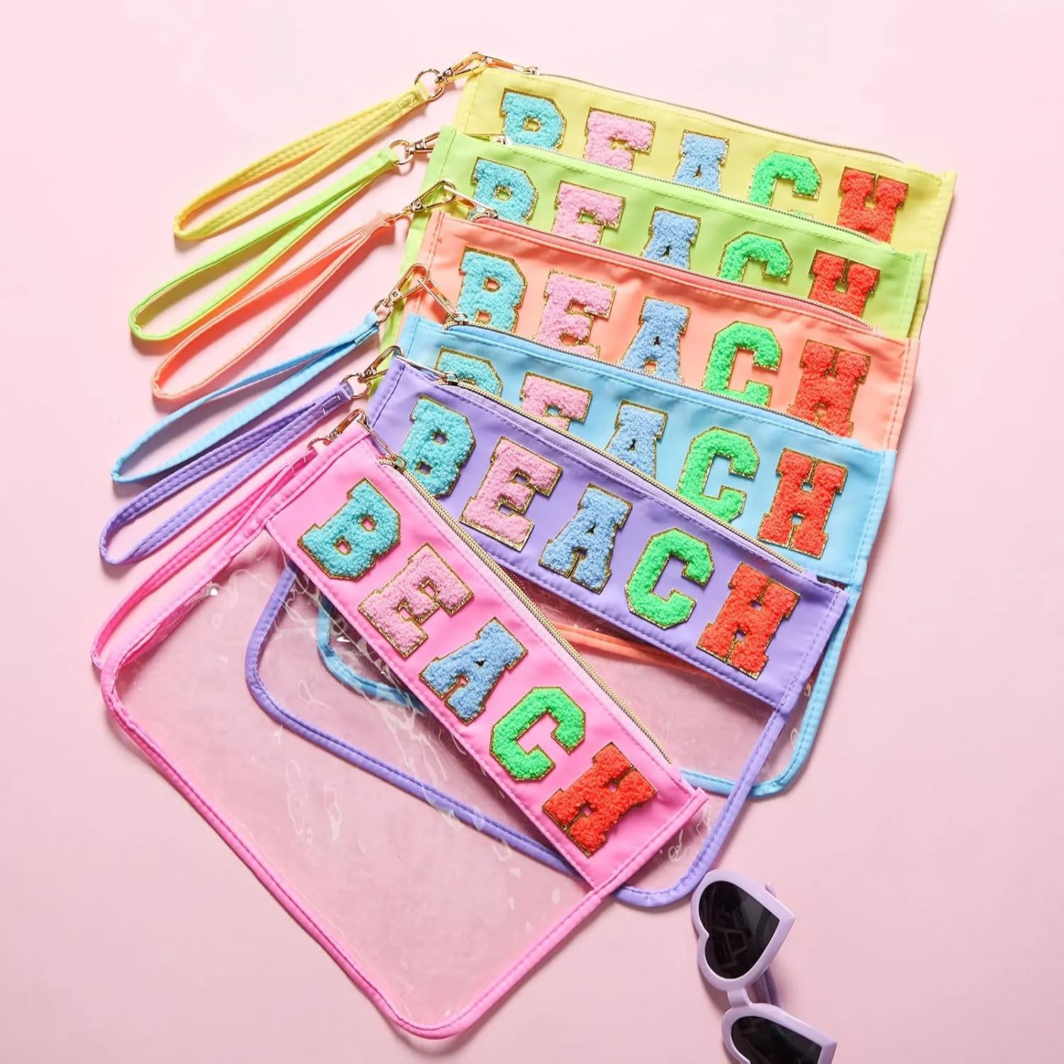 Kacctyen 6 Pcs Beach Bags Chenille Letter Clear Makeup Bag with Zipper Waterproof Cosmetic Toiletry Pouch with Handle Gym Travel Summer Gifts for Women Girls (Multicolor, Beach)