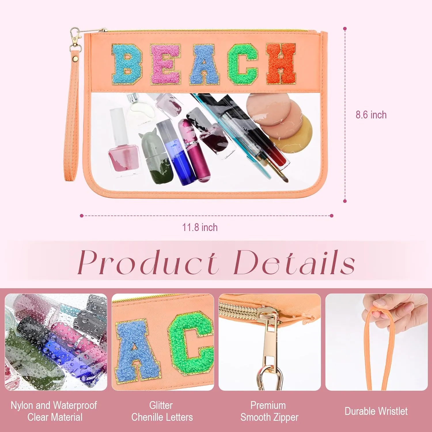 Kacctyen 6 Pcs Beach Bags Chenille Letter Clear Makeup Bag with Zipper Waterproof Cosmetic Toiletry Pouch with Handle Gym Travel Summer Gifts for Women Girls (Multicolor, Beach)