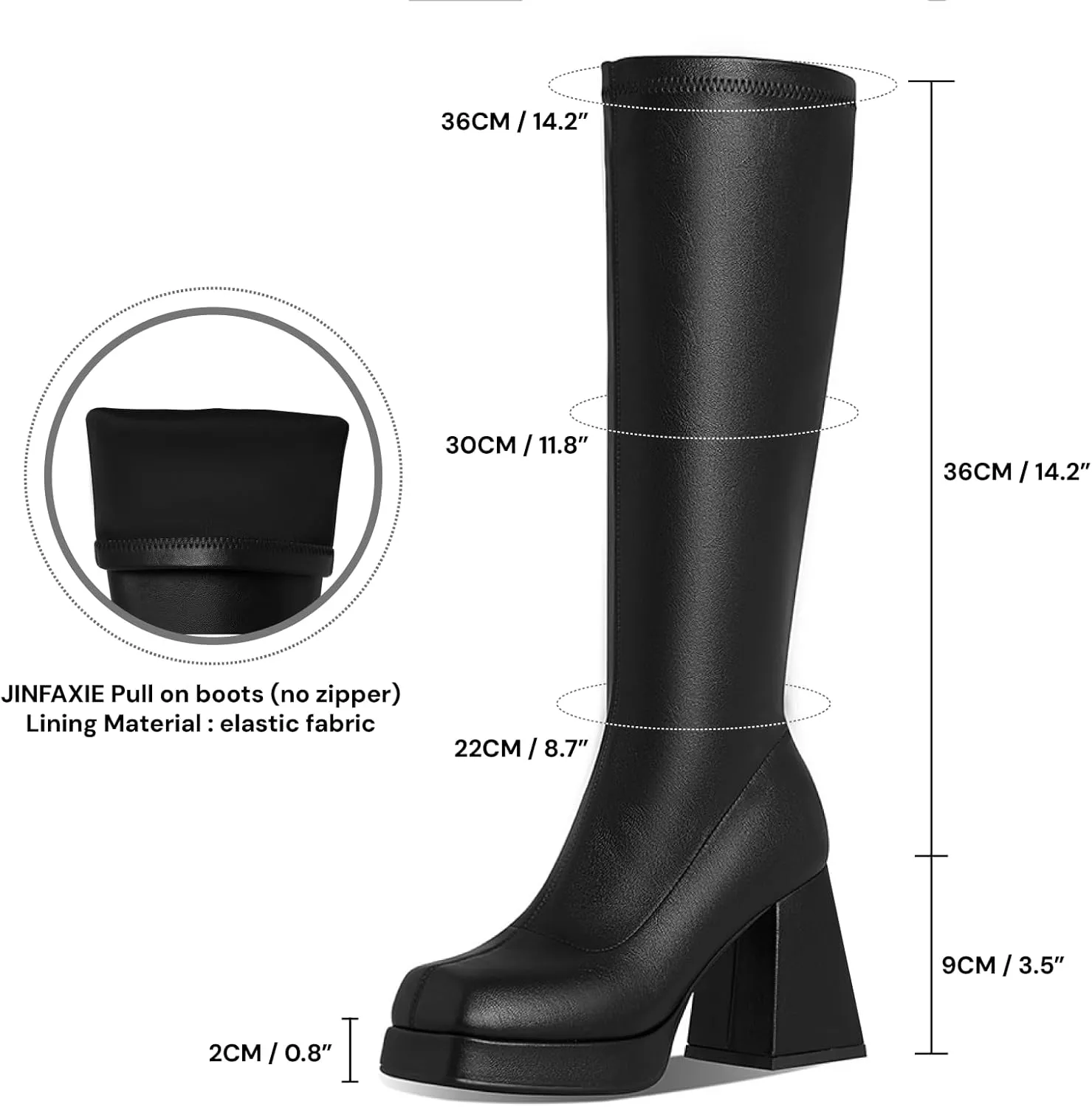 Kalstage Knee High Boots for Women Square Toe Chunky High Heels Leather Strtetch GoGo Boots Side Zipper Mid Calf Boots Platform Boots